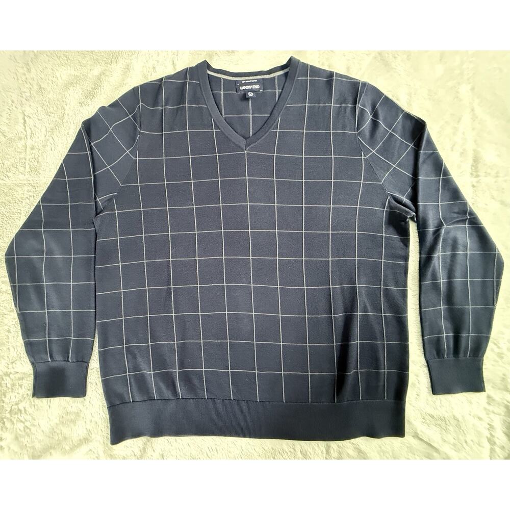 Lands’ End Men’s Sweater Supima Cotton V-Neck Pullover Navy Size XL 46-48